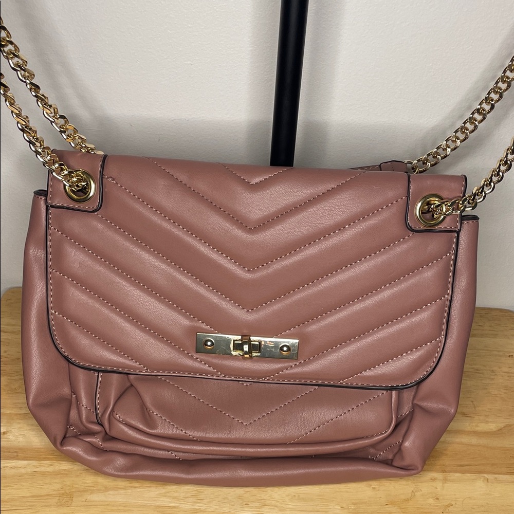 JustFab Blush Quilted Shoulder Bag with Gold Chain